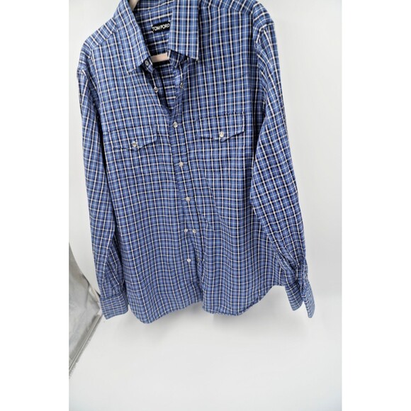 TOM FORD Blue Check Print Button-up Dress Shirt Men Long Sleeve Sz 44, 17 1/2 - Picture 3 of 16